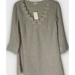 J. Jill Linen Blend Embroidered Tunic Top Women V-Neck Boho Blouse NWT